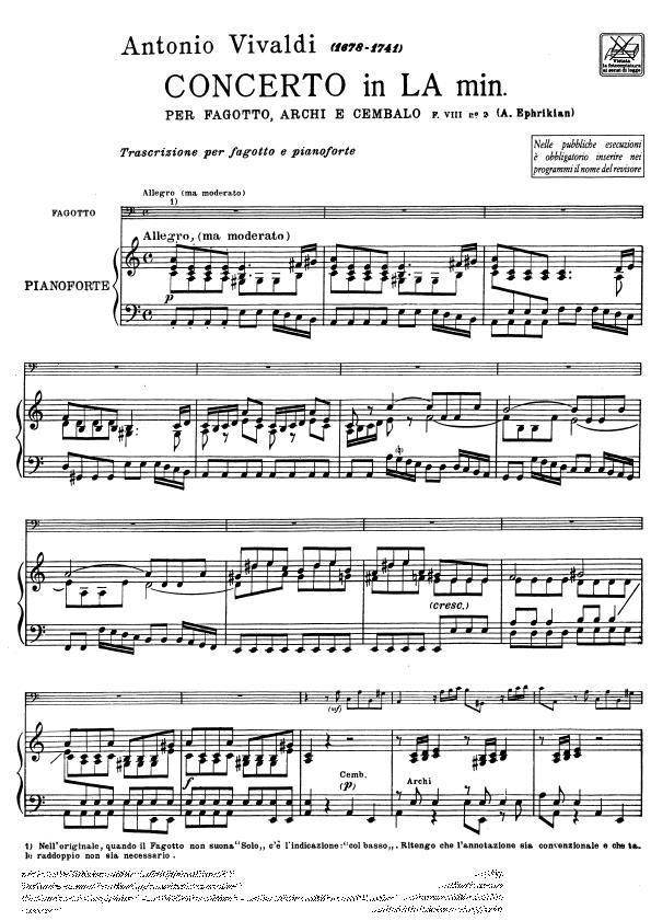 Concerto in La minore per Fagotto, Archi e BC  - Rv 498 - F.Viii-2 - Riduzione per Fagotto e Pianoforte - fagot a klavír